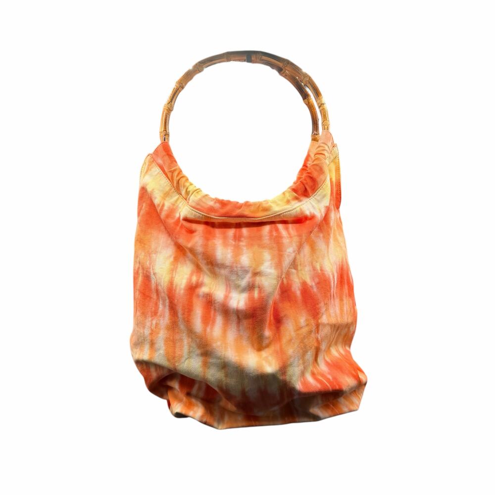 Lands’ End Reversible Tote Bamboo Handle Orange Polka Dot Boho Bag